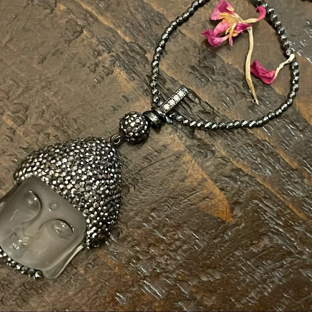 Glass Buddha pendant necklace with in pyrite/ Hematite beads. 32 inches long. - Picture 7 of 10
